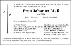 Traueranzeige Johanna Maß