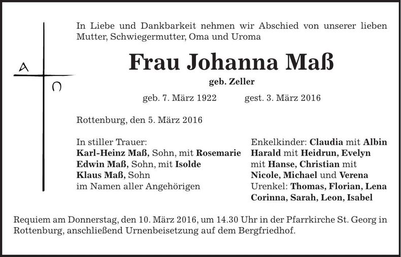Traueranzeige Johanna Maß