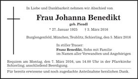 Traueranzeige Johanna Benedict