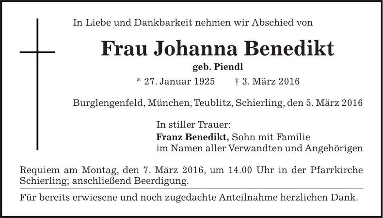 Traueranzeige Johanna Benedict