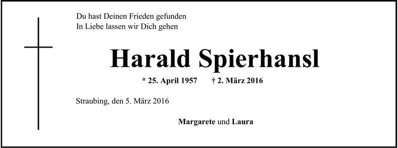 Traueranzeige Harald Spierhansl