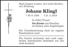 Traueranzeige Johann Klingl