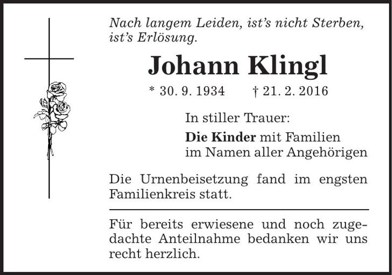 Traueranzeige Johann Klingl