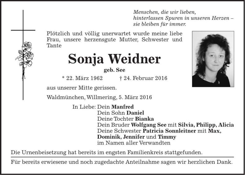 Traueranzeige Sonja Weidner