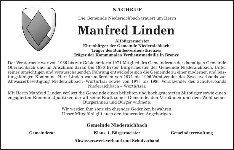 Traueranzeige Manfred Linden