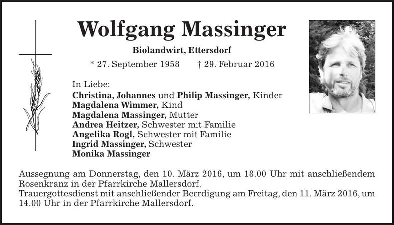 Traueranzeige Wolfgang Massinger