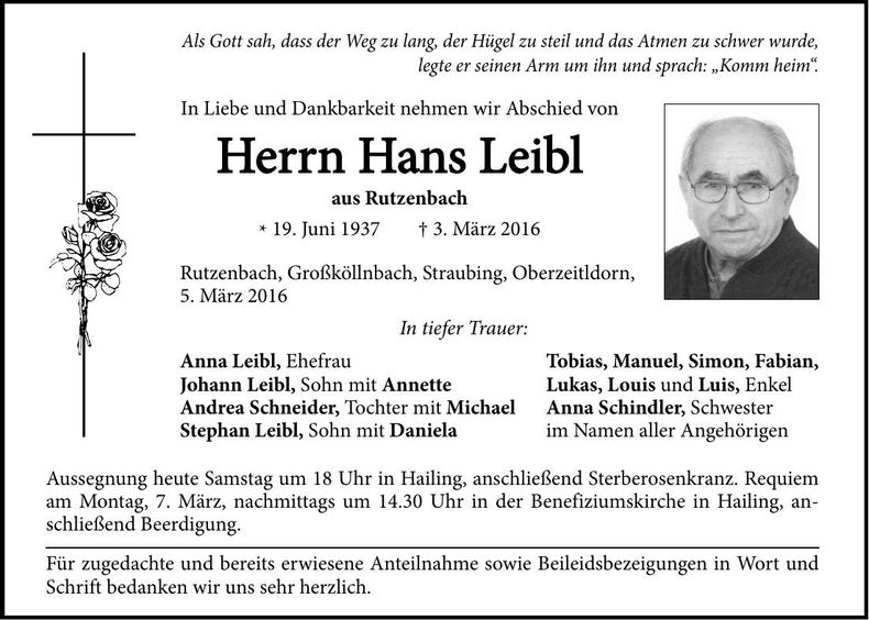 Traueranzeige Hans Leibl