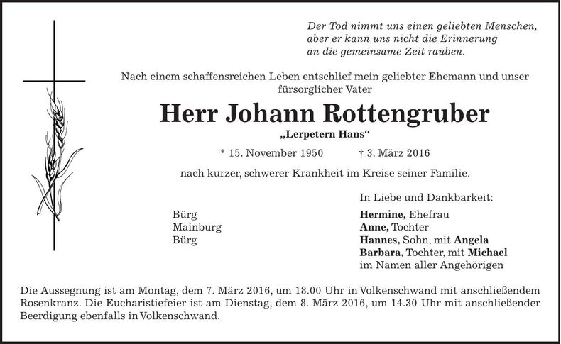 Traueranzeige Johann Rottengruber