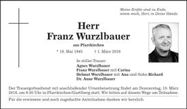 Traueranzeige Franz Wurzlbauer