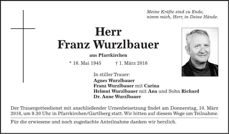 Traueranzeige Franz Wurzlbauer