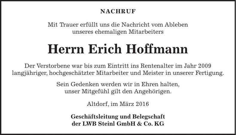 Traueranzeige Erich Hoffmann