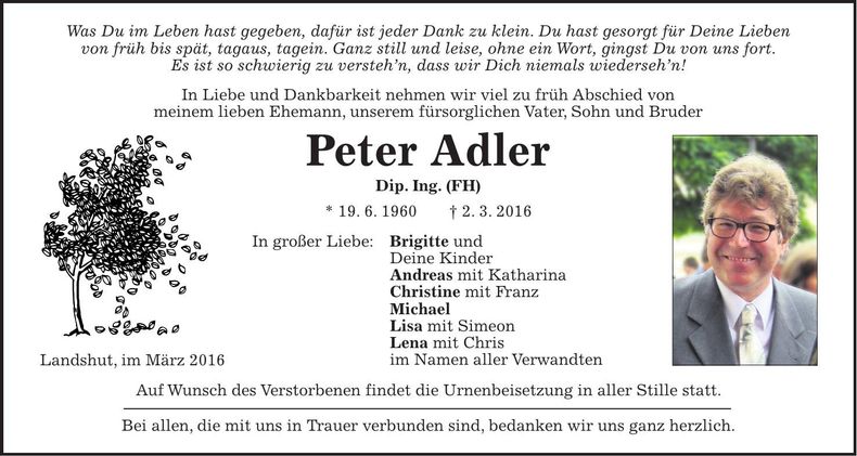 Traueranzeige Peter Adler