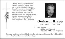 Traueranzeige Gerhardt Krapp