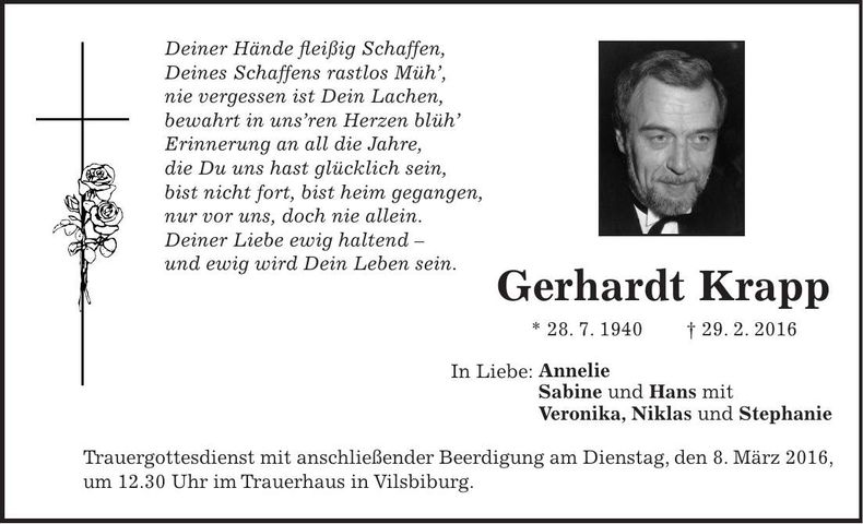 Traueranzeige Gerhardt Krapp