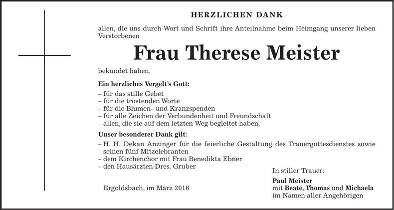 Traueranzeige Therese Meister