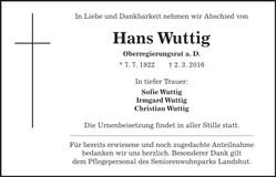 Traueranzeige Hans Wuttig