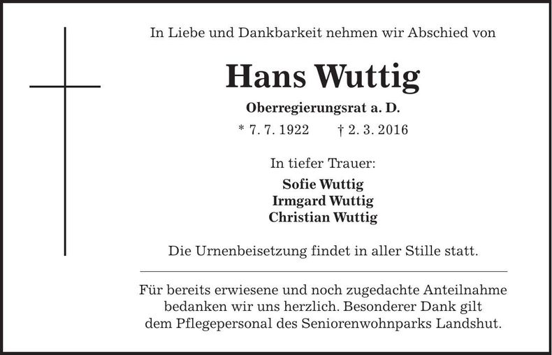 Traueranzeige Hans Wuttig