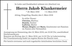 Traueranzeige Jakob Klankermeier
