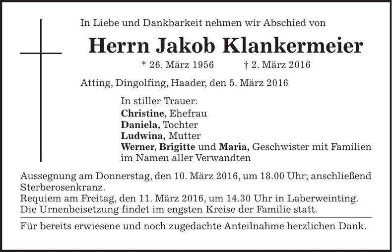 Traueranzeige Jakob Klankermeier