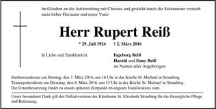 Traueranzeige Rupert Reiß