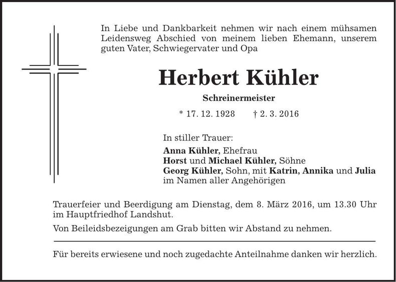 Traueranzeige Herbert Kühler