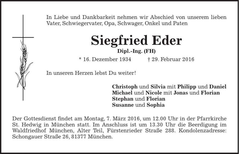 Traueranzeige Siegfried Eder