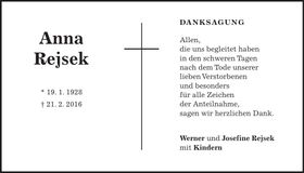 Traueranzeige Anna Rejsek