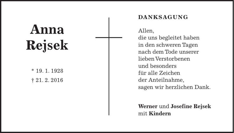 Traueranzeige Anna Rejsek