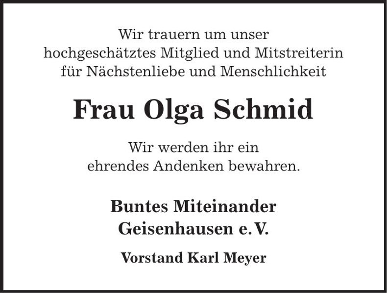 Traueranzeige Schmid Olga