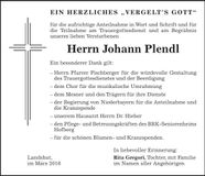 Traueranzeige Johann Plendl
