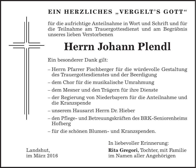 Traueranzeige Johann Plendl