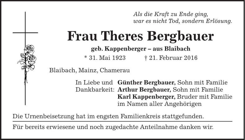 Traueranzeige Theres Bergbauer