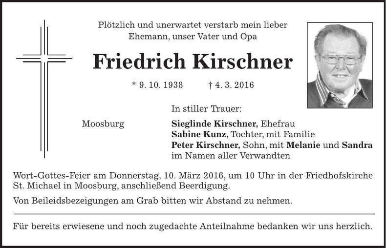 Traueranzeige Friedrich Kirschner