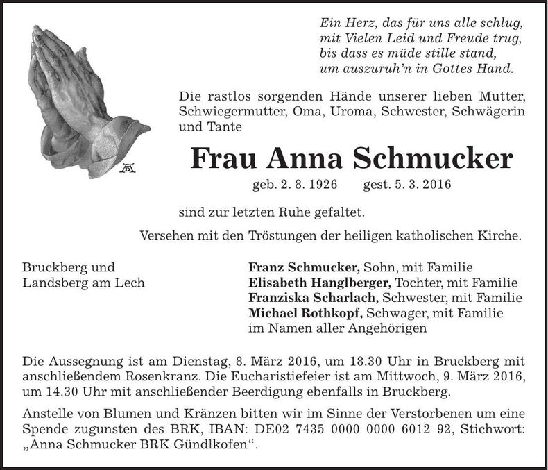 Traueranzeige Anna Schmucker