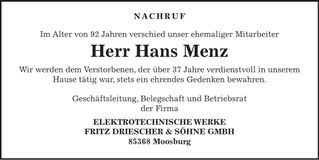 Traueranzeige Menz Hans