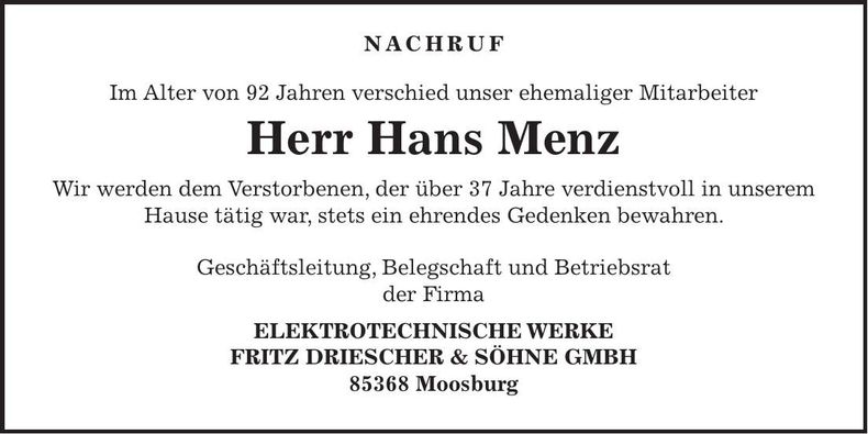 Traueranzeige Menz Hans