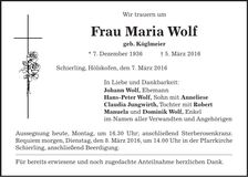 Traueranzeige Maria Wolf