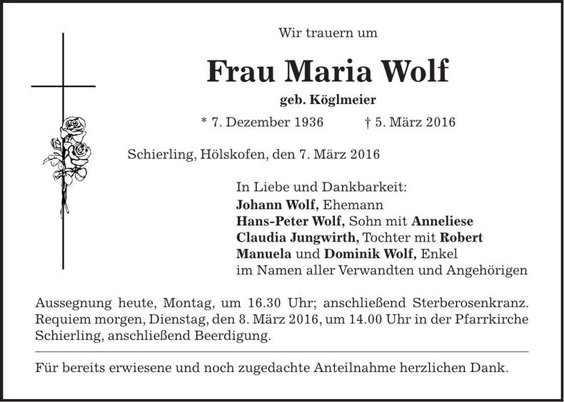 Traueranzeige Maria Wolf