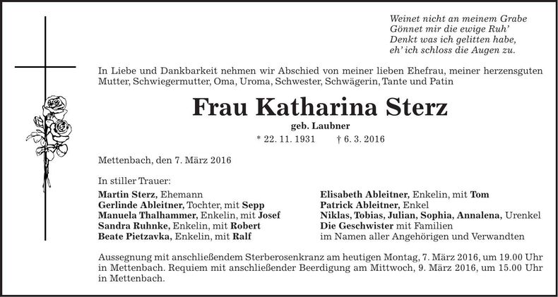 Traueranzeige Katharina Sterz