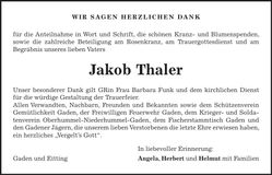 Traueranzeige Jakob Thaler