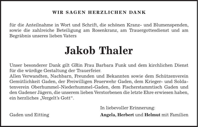 Traueranzeige Jakob Thaler