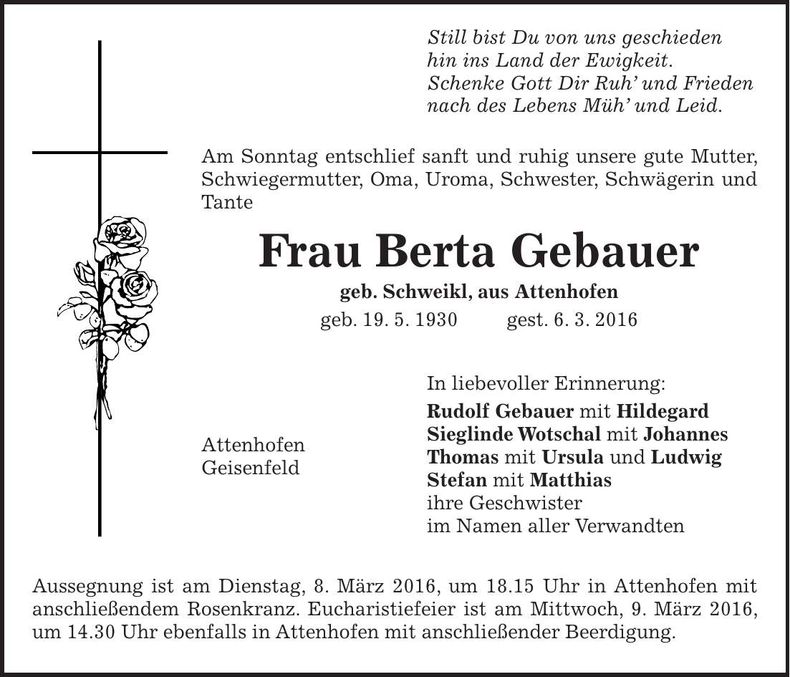 Traueranzeige Berta Gebauer