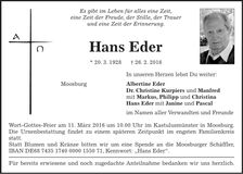 Traueranzeige Hans Eder