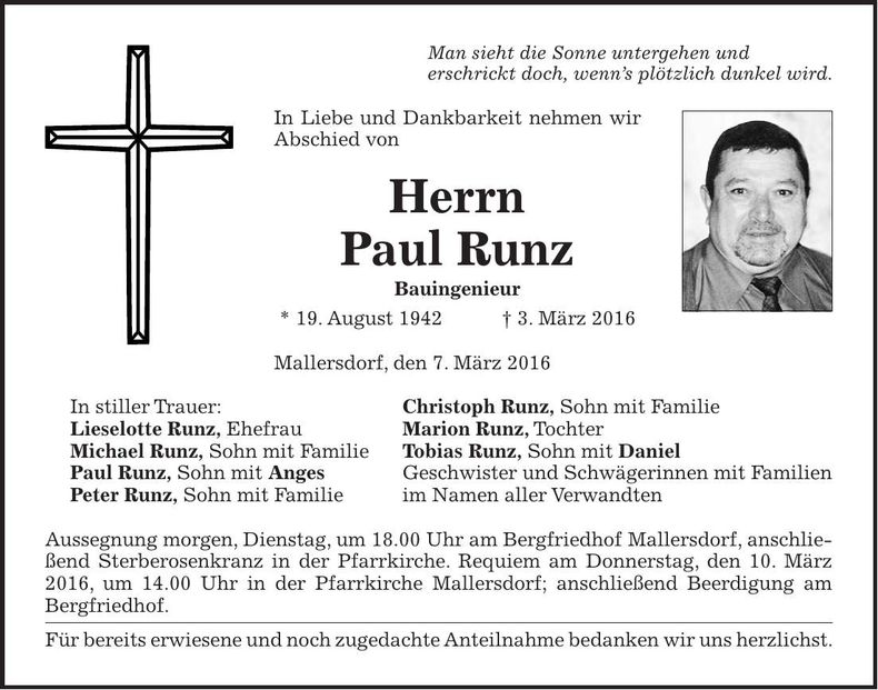 Traueranzeige Paul Runz