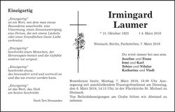 Traueranzeige Irmingard Laumer