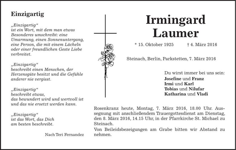 Traueranzeige Irmingard Laumer