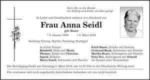 Traueranzeige Anna Seidl