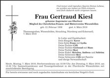 Traueranzeige Gertraud Kiesl