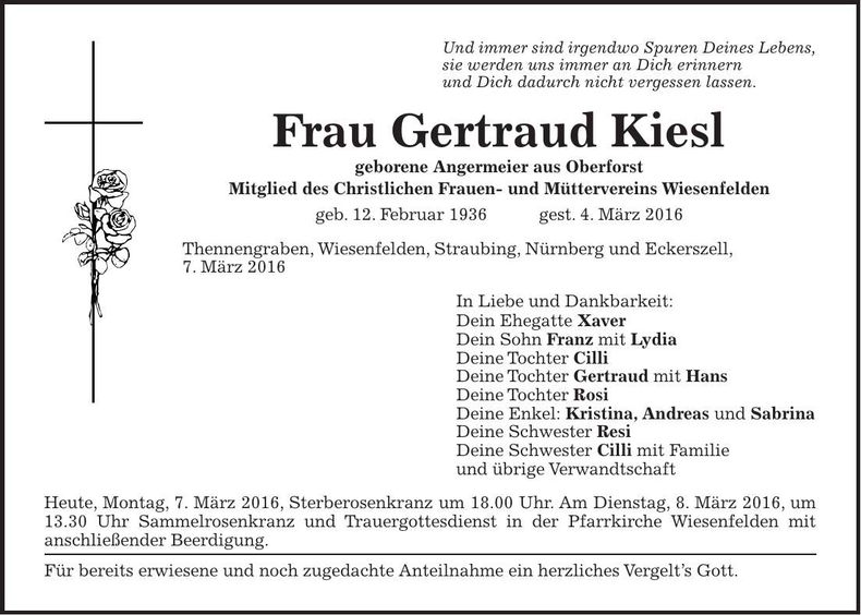 Traueranzeige Gertraud Kiesl