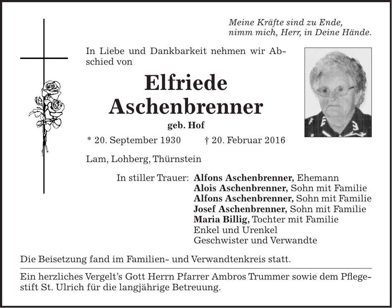 Traueranzeige Elfriede Aschenbrenner